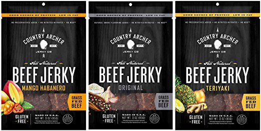 Country Archer All Natural Beef Jerky Variety Pack of 3 Teriyaki Mango Habanero Original Grass Fed Beef