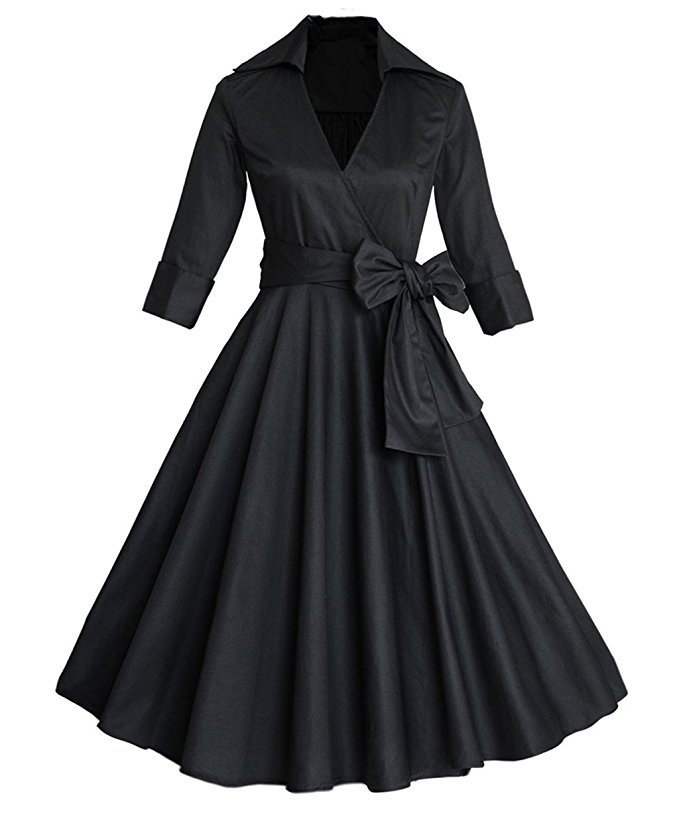 ZAFUL Women 1950s Vintage Dress 3/4 Sleeve V Neck Swing Party Dress with Bow Ribbon Belt