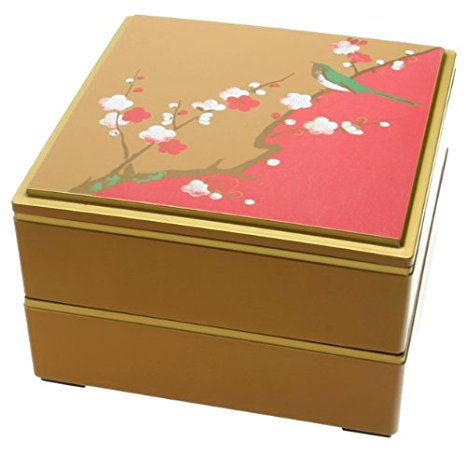 Kotobuki 2-Tiered Jubako Lacquer Box, Gold with Green Songbird