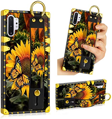 LSL Samsung Galaxy Note 10 Plus 5G Case, Sunflower Butterfly Upgraded Wrist Strap Band Kickstand Square Full Body TPU Bumper Shockproof Protective Phone Case for Galaxy Note 10 Plus 2019