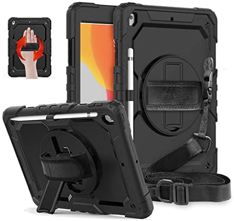 FANSONG Case for iPad 10.2 2019, iPad 7th Generation Cover [Built-in Screen Protector] Rugged Dual Layer Cover with [Kickstand] [Silicone Pen Holder] Hand Strap Case for iPad 10.2 Inch 2019 (Black)