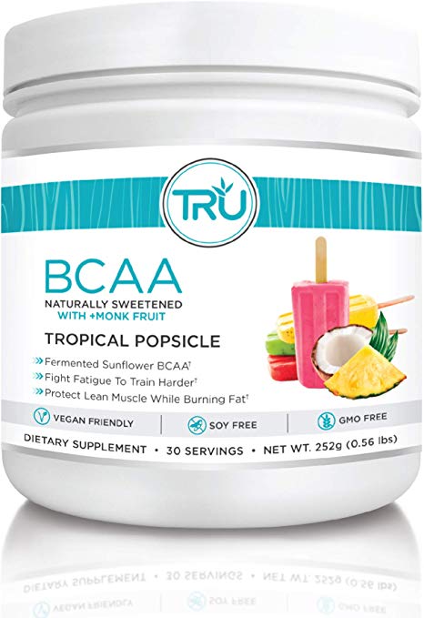 TRU BCAA Powder, Plant Based Branched Chain Amino Acids, Vegan Friendly, Zero Calories, No Artificial Sweeteners or Dyes, Improve Fat Loss (30 Servings, Tropical Popsicle)