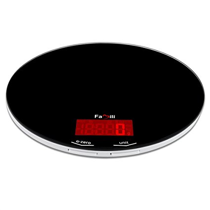 Famili Digital Kitchen Food Weighing Scale, Electronic Cooking Scale - 11lb Capacity and Multiple Functions, Elegant Black with Tempered Glass (White)
