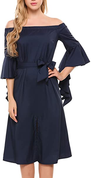 ACEVOG Women Off-Shoulder Flare Sleeve Loose Knee Split Solid Casual Shift Dress