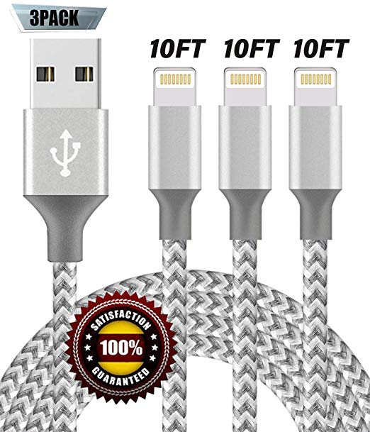 iPhone Charger,BULESK MFi Certified Lightning Cable 3 Pack 10FT Extra Long Nylon Braided USB Charging & Syncing Cord Compatible iPhone 11/11Pro/11Pro Max Xs/Max/XR/X/8/8 Plus/SE/iPad/Nan -Grayish whit