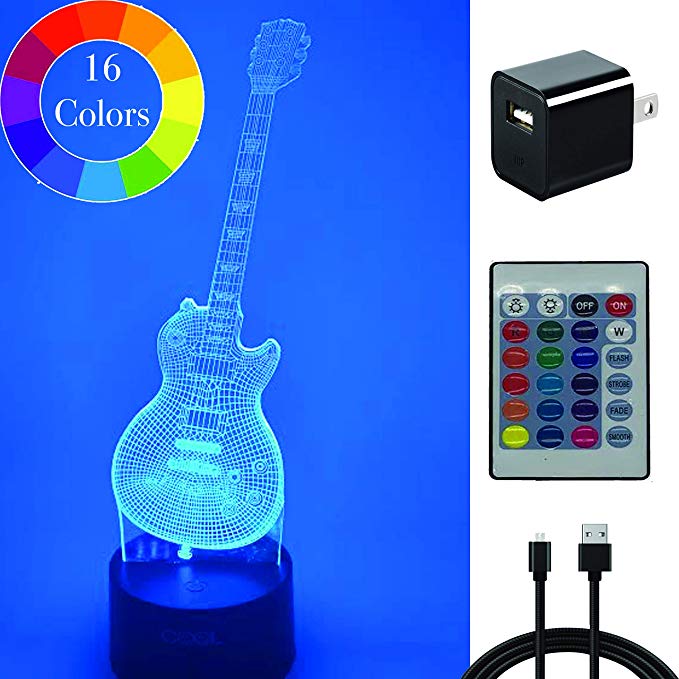 Electric Guitar 3D Lamp with Remote Control AND Wall Outlet Plug-In - 15 LED Color Changing Electric Guitar Lamp Including Remote Control USB Cable and Wall Charging Unit - GREAT FOR KIDS & MUSIC FANS