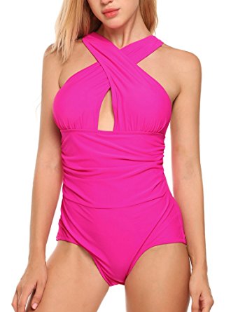 Esqlotre Women Swimsuits One Piece Tummy Control Front Cross Backless Bathing Suit