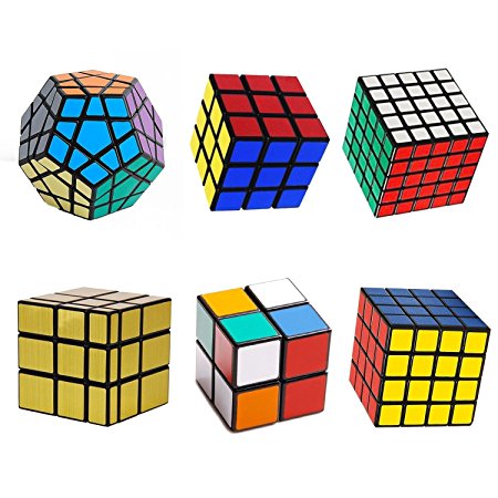 6-Pack Popular Speed Cube Puzzle – Including 2x2x2 3x3x3 4x4x4 5x5x5 Speedcubing White Puzzle, Megaminx Puzzle Cube and Gold Black Mirror Cube