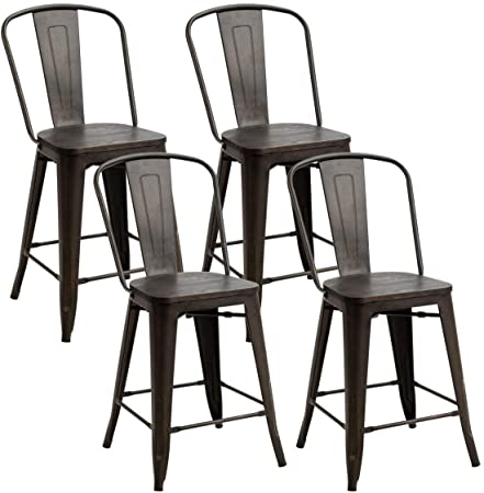 COSTWAY Tolix Style Dining Stools with Wood Seat and Backrest, Industrial Metal Counter Height Stool, Modern Stackable Kitchen Dining Bar Chairs Rustic, Copper (Height 24.5" 4PC)