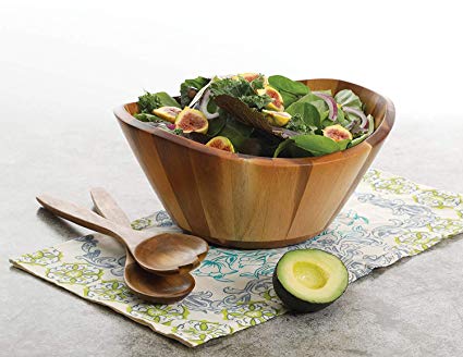 Elegant Wooden Salad Bowl with Serving Fork and Spoon for Mixing and Serving, Acacia Wood Serving Bowl for Fruits and Salads