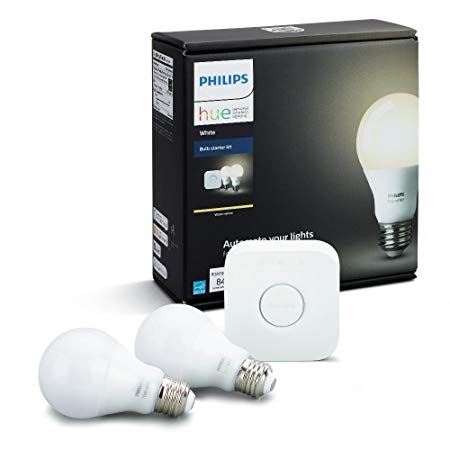 Philips Hue White A19 60W Equivalent Dimmable LED Smart Light Bulb Starter Kit (2 A19 60W White Bulbs and 1 Bridge, Works with Alexa, Apple HomeKit, and Google Assistant (Certified Refurbished)