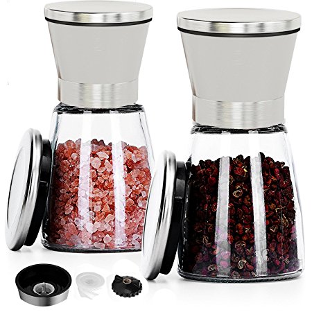 Stainless Steel Salt and Pepper Grinders Set with Matching Stand,Spice Grinder with Adjustable Coarseness, Pepper Shakers Mill Pair FBA