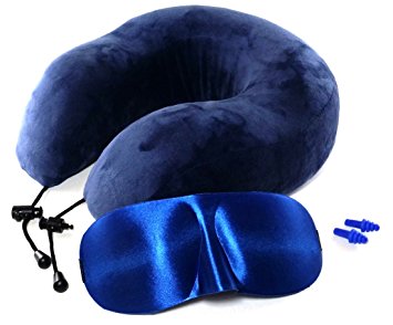NOMAD Premium Memory Foam Travel Neck Pillow with Bonus Sleep Mask and Ear Plugs - Comfort and Support for Travel or at Home (Blue)