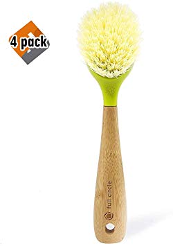 Full Circle Be Good Kitchen Dish Brush with Bamboo Handle, Single Brush, Green 4 Pack