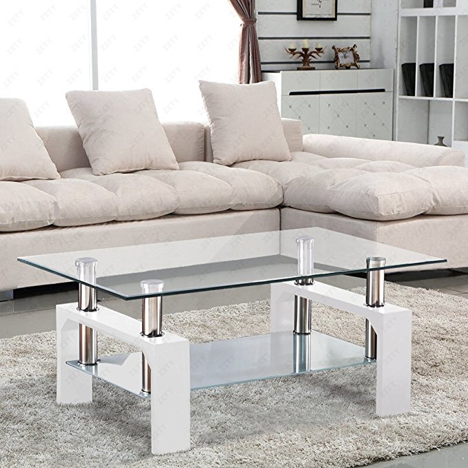 SUNCOO Rectangular Glass Coffee Table Shelf Chrome White Wood Living Room Furniture