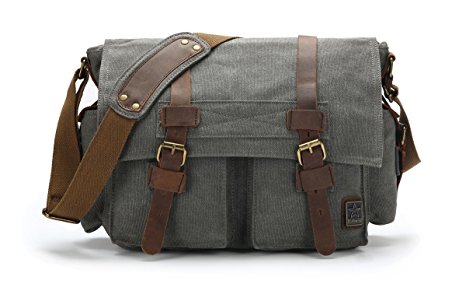 kingdo New Style Vintage Canvas Large Unisex Messenger Shoulder Bag Leather Trim School Military Shoulder Bag Messenger Bag (grey(medium))