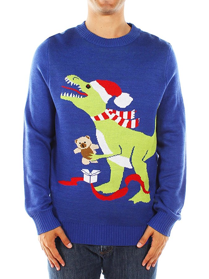 Men's Ugly Christmas Sweater - Blue T-Rex Sweater