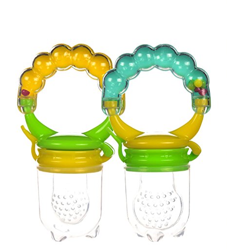 Baby Fresh Food Feeder With Rattle, Silicone, 2 count | Teething Toy | Nibbler Pacifier for safe infant feeding by Boxiki Kids | Free eBook