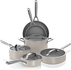 Ninja NeverStick Ceramic Pro,Non-Stick Pots & Pans Set with Glass Lids, PTFE Free, Ceramic Coated, Stainless Steel, Stove to Oven Safe to 660°F, All Stovetops & Induction Compatible,Stone,CW39010ST