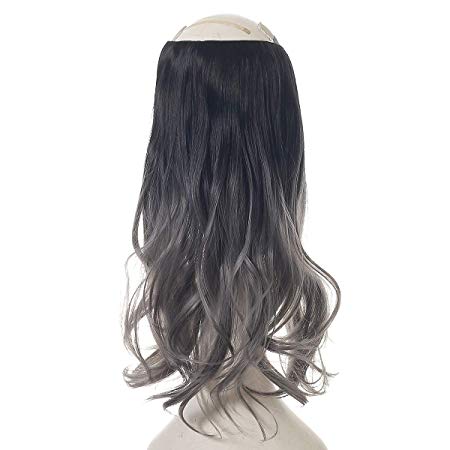 Gray Ombre Balayage Grey Hair Extension 16" Long Natural Wavy Halo Flip in Natural Synthetic Hairpiece Hidden Wire Crown Headband Hair Pieces For Women Heat Friendly Fiber (M03#2Tgray)