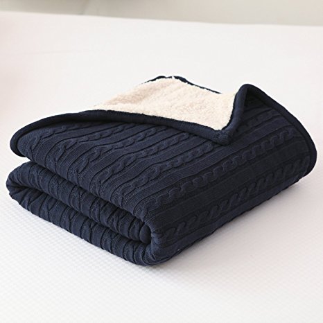 CottonTex Cotton Knitted Cable Blaket Sherpa Lined Throw Soft Warm Cover Blanket with Sherpa Lining Knitting Pattern, 47x70 Inches, Navy