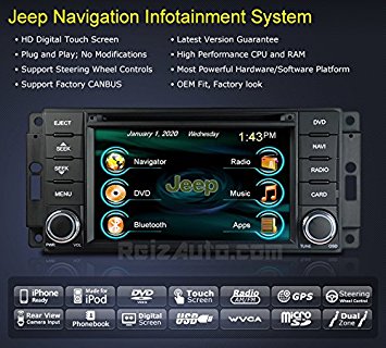 2007-2014 Jeep Wrangler 2008-2013 Jeep Liberty In-Dash GPS Navigation Stereo DVD CD MP3 AVI USB SD Radio Bluetooth Hands-free Steering Wheel Controls Touch Screen iPod-Ready iPhone-Ready AV Receiver Video Audio Player Multimedia Infotainment System w/ Digital TV Rear View Camera OEM Replacement Deck