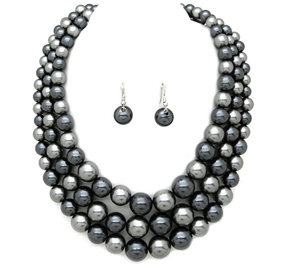 Women's Simulated Faux Three Multi-Strand Pearl Statement Necklace and Earrings Set