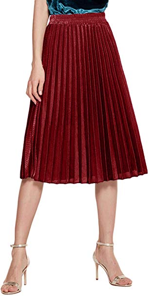 Chartou Women's Premium Metallic Shiny Shimmer Accordion Pleated Long Maxi Skirt