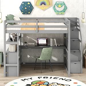 Harper & Bright Designs Full Size Loft Bed with Desk and Storage Stairs, Wood Loft Bed Full with Shelves & Storage Drawers,Full Loft Bed with Desk Underneath for Kids Teens Boys Girls (Full, Grey)