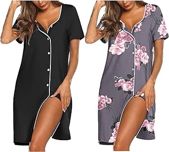 Ekouaer Nightgowns for Women 2 Pack Button Down Sleepshirt Short Sleeve Nightshirt Soft Sleepwear V Neck Pajama Dress