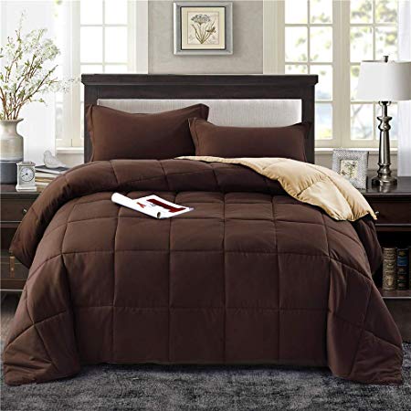 HIG 2pc Down Alternative Comforter Set - All Season Reversible Comforter with Sham - Quilted Duvet Insert with Corner Tabs -Box Stitched – Hypoallergenic, Soft, Fluffy(Twin/Twin XL, Chocolate)