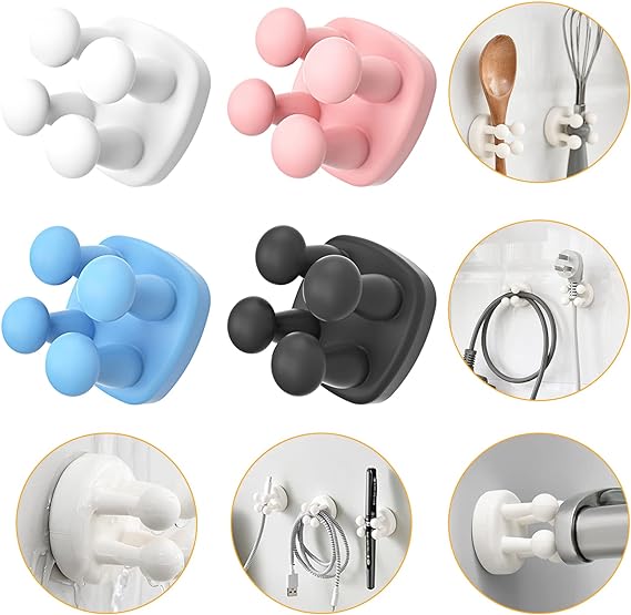 4 Pack Self Adhesive Hooks Holders,Silicone Decoration Hooks Stick to Wall Door,for Hanging Towel Key Clothes Plug Cable,Functional Utility Holders Wide Use for Hanging Bathroom (4 Colors)