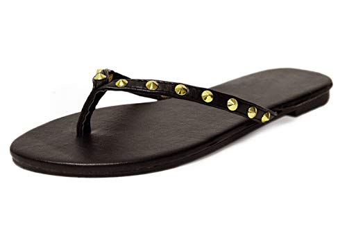 H2K 'PICO' Women's Comfy Flip Flops Slip-On [Thong Sandals] Flat Slippers Spike Studs Embellishment
