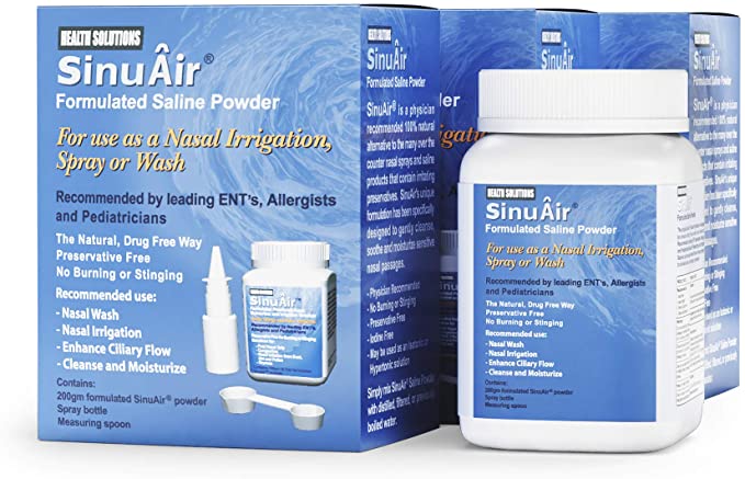 SinuAir Sinus Rinse Salt Solution - Saline Powder for SinuPulse System, Neti Pot Flush, Nasal Wash Squeeze Bottle, & Nose Irrigation, Enhanced Formulation & Cleaning for Sinuses, 200g Bottle (3-Pack)