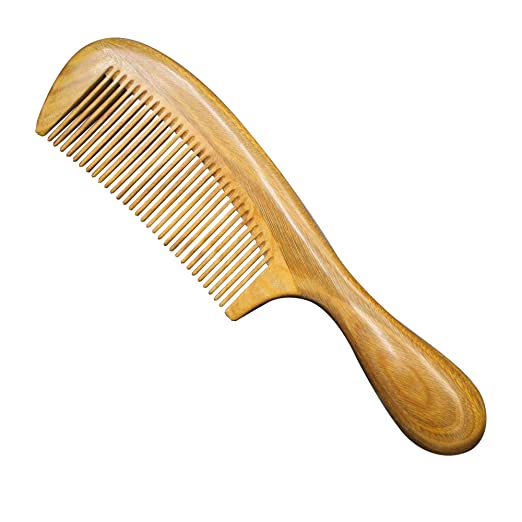 Meta-C Natural Green Sandalwood Wooden Comb - NO SNAGS, NO TANGLE, NO STATIC (Handle Length 2.76in/7cm - Fine Tooth)