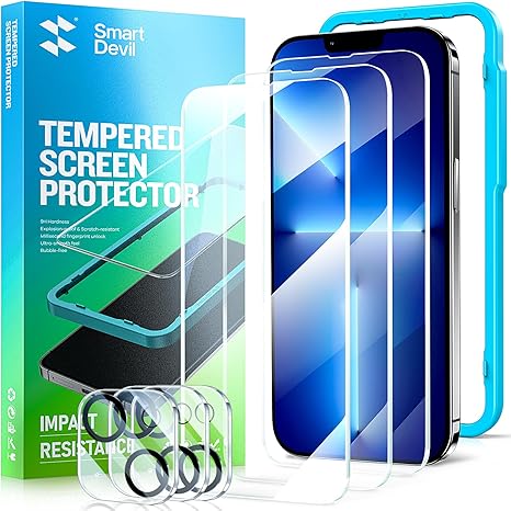 SmartDevil 3 Pack Screen Protector for iPhone 13 Mini with 3-Pack Camera Lens Protector, 9H Clear Tempered Glass Film [Military Grade Shatterproof], Alignment Frame [Easy Installation]