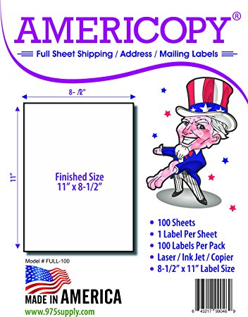 Full Sheet Labels - Americopy - Shipping / Mailing Labels - 8-1/2" x 11" Labels - MADE IN THE USA (100 Labels)