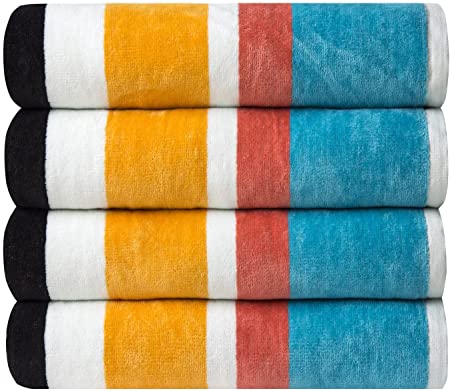 Bumble Set of 4 Thick Fluffy Beach Towels - 450 GSM Large Beach Towel / Swim Towel / Pool Towels Set - 30”x 60” Oversized Beach Towel - Large Beach Towels Oversized - Green, Yellow & Black Stripes