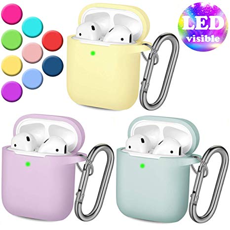 Henva AirPod Case Protective Cover (Front LED Visible), Shockproof AirPods Skin Compatible Apple AirPods 2 & 1 Wireless Charging Cases for Women, Men, with Keychain, Aqua/Yellow/Lavender