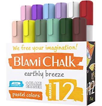 Blami Arts Chalk Markers and Chalkboard Labels Pack -14 Erasable Liquid Ink Pens - Non Toxic Extra Gold and Silver Colors Included - Reversible Tips and Erasnig Sponge (12 Chalk Malkers set pastel)