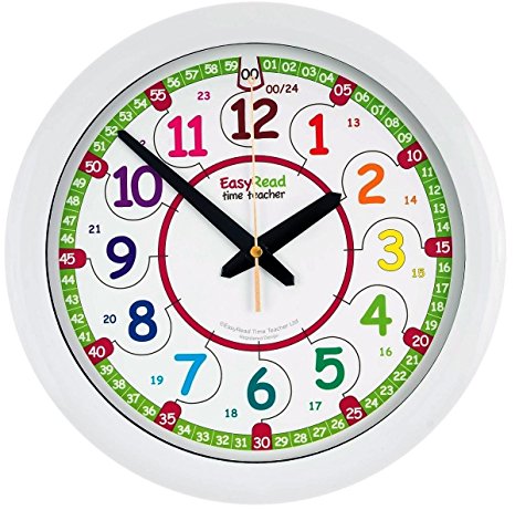 EasyRead Time Teacher Children's Wall Clock, showing 12 & 24 hour (digital) time. Learn to read digital time on an analogue clock, with 2-step teaching system. 12 inches diameter, age 5-12