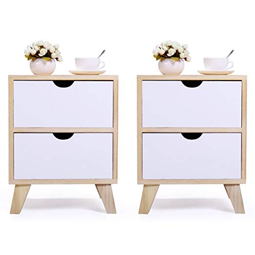 JAXPETY Set of 2 Bedside Table Solid Wood Legs Nightstand with White Storage Drawer (Wood Color & White)