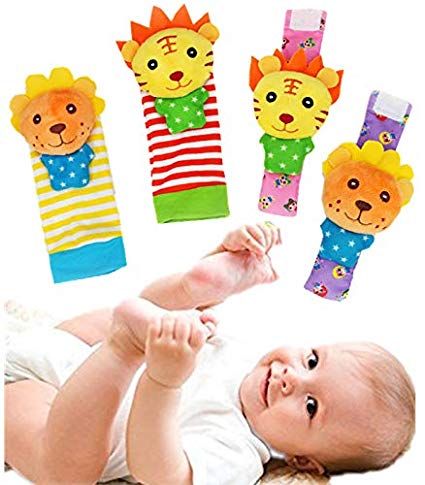 aimibaby Baby Wrist Rattle Toys Socks - Infant Wrist Rattles and Foot Finder Set, Toddler Early Educational Development Soft Animal Toy for Boys and Girls 4 Pack