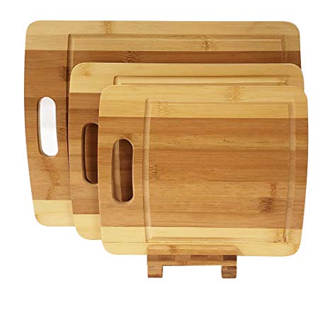 Adorn Home Essentials 4 pc. Bamboo kitchen cutting board set with 3 (small, medium & larger) chopping blocks with a holder | Carving, butcher, food prep, chopping |All-natural Bamboo, Eco-friendly