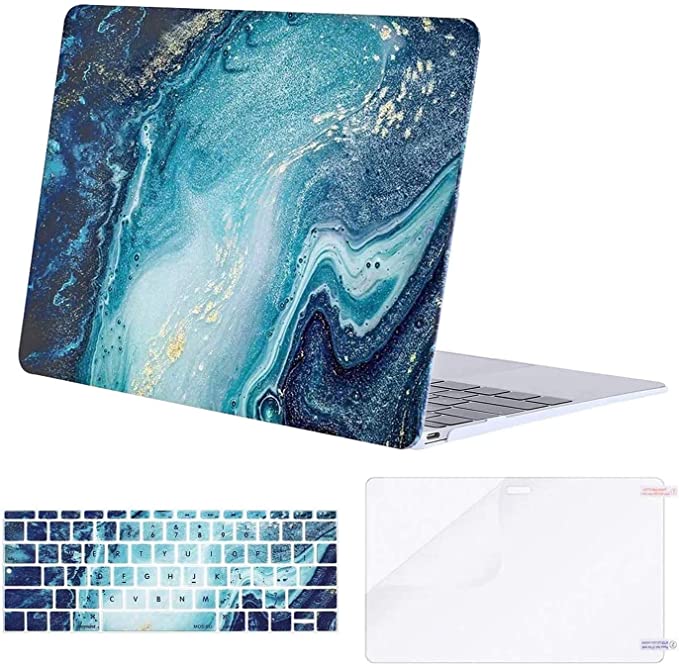 MOSISO Compatible with MacBook 12 inch Case with Retina Display (Model A1534, Release 2017 2016 2015), Plastic Creative Wave Marble Hard Shell Case & Keyboard Cover Skin & Screen Protector, Blue