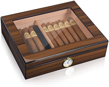 Volenx Desktop Cigar Humidor Case Glasstop Cigar Storage Box, Spanish Cedar Lined Humidor with Hygrometer and Humidifier Holds 25 Cigars