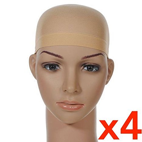 4 Pcs Unisex Stock Mesh Wig Cap Hat Nylon Stretch Elastic Snood - Neutral Nude Beige (4Pcs Mesh Wig Cap Beige)