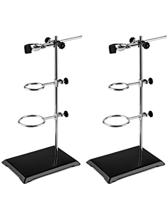 QWORK 2 Pack Laboratory Stands Support Set, Steel Lab Stand Set with Cast Iron Base, Rod 16" L with Burette Clamp and Flask Ring Clamps