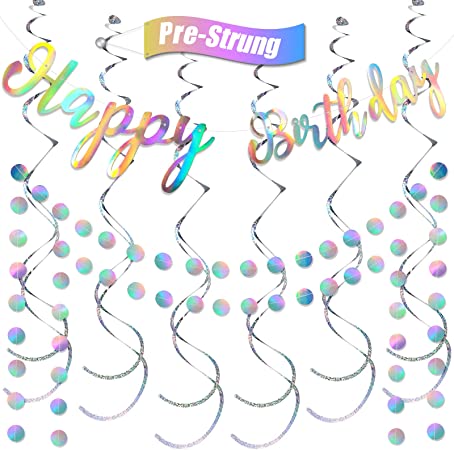 Zonon Pre-Strung Shiny Happy Birthday Banner Decoration Kit Shiny Glittery Birthday Hanging Banner Circle Dots Garland with Colorful Hanging Swirls for Iridescent Shower Birthday Party Favor Supplies