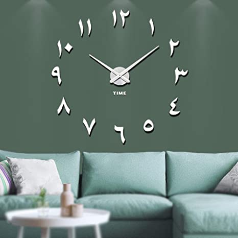 Vangold Large DIY Wall Clock Modern 3D Wall Clock with Arabic Numerals for Home Office Decorations Gift (Silver)